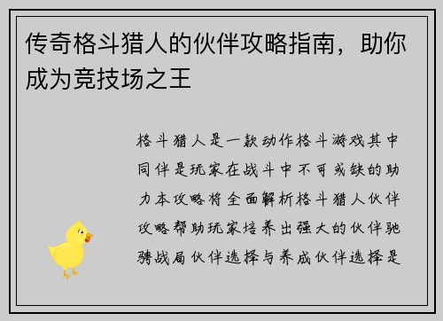 传奇格斗猎人的伙伴攻略指南,助你成为竞技场之王