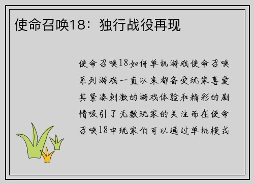 使命召唤18:独行战役再现