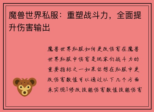 魔兽世界私服：重塑战斗力，全面提升伤害输出