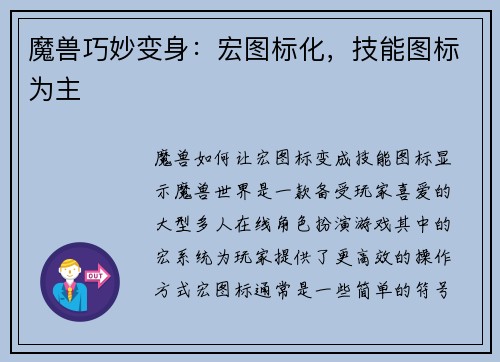 魔兽巧妙变身：宏图标化，技能图标为主